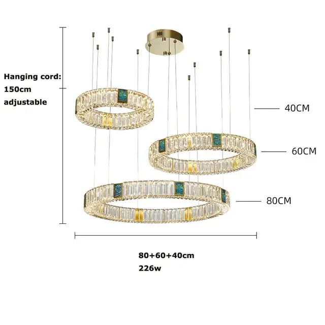 Modern three tier crystal golden led ring chandelier dining room