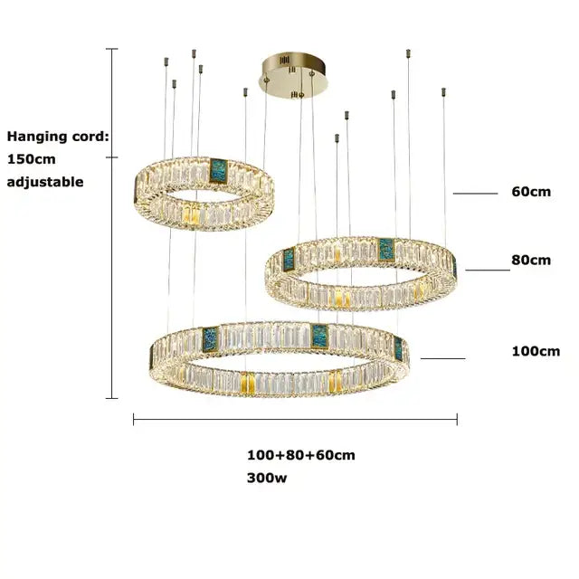 Modern three tier crystal golden led ring chandelier dining room