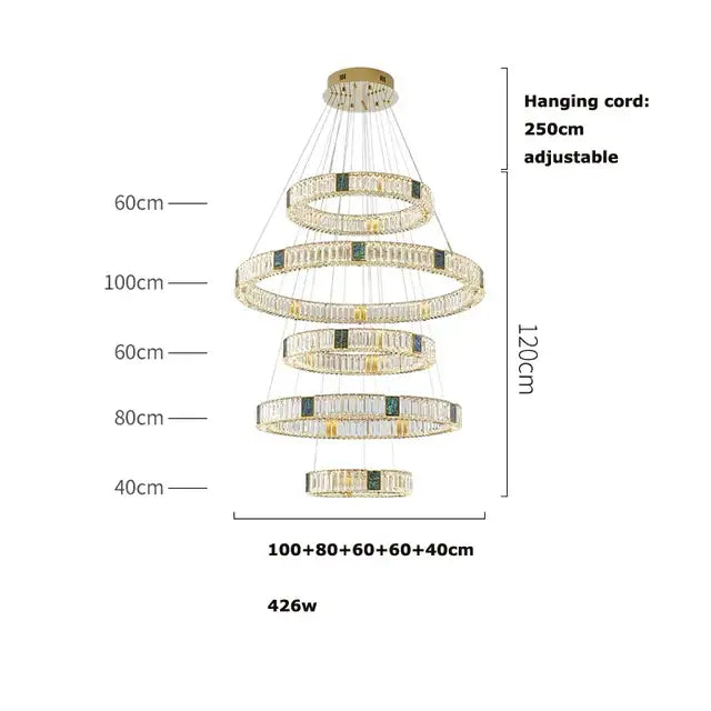 Modern three tier crystal golden led ring chandelier dining room