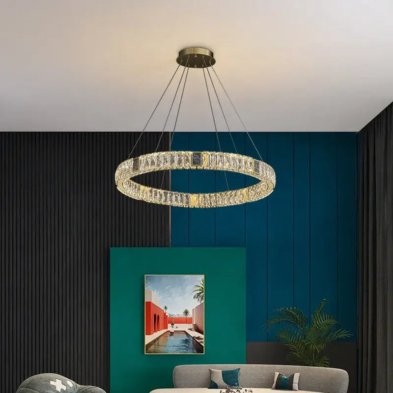 Modern three tier crystal golden led ring chandelier dining room