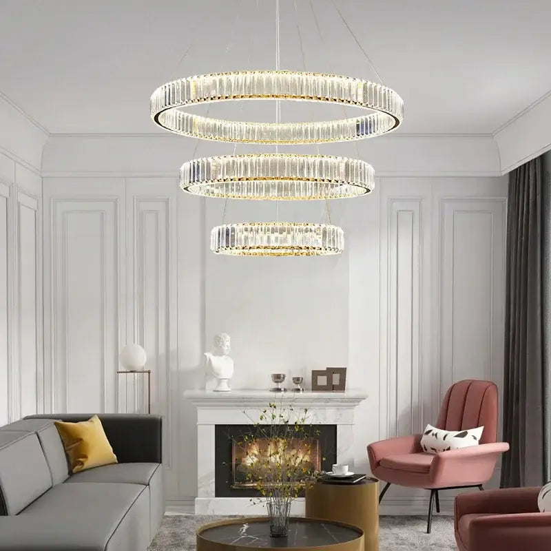 Modern three tier gold crystal led chandelier foyer pendant light