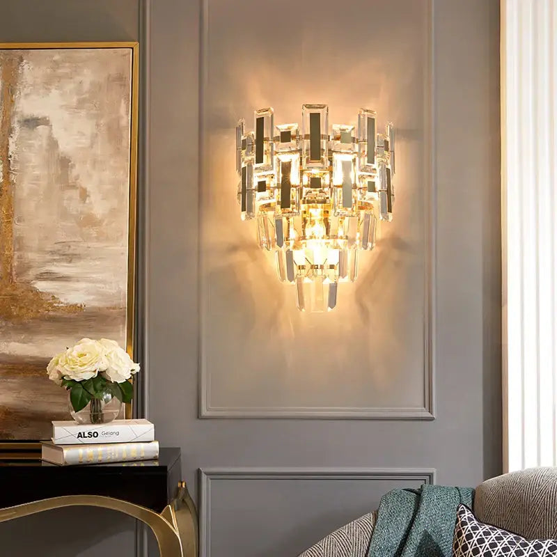 Modern tiered clear and dark crystal wall lamp bedroom sconce