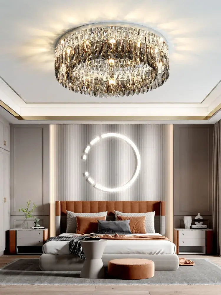 Modern tiered crystal chrome ceiling lamp for living room