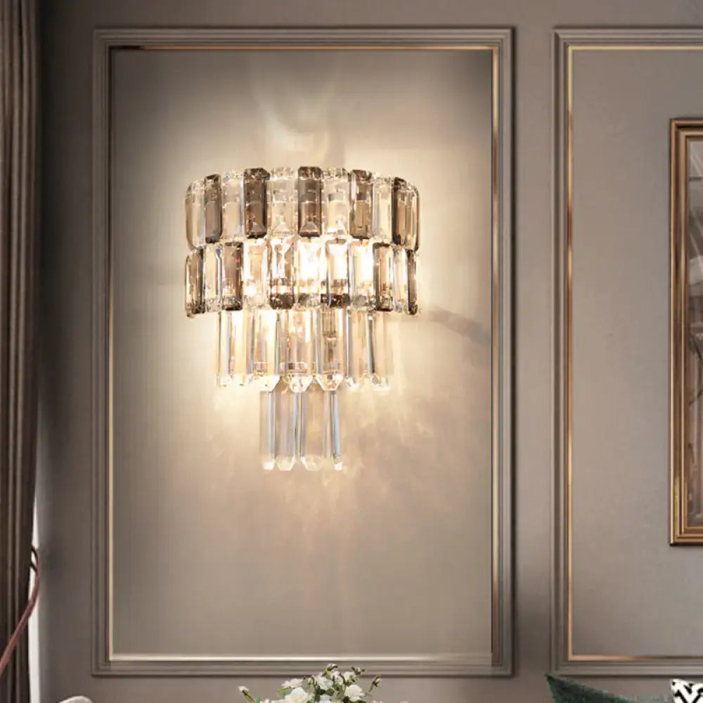 Modern tiered smoke gray crystal wall sconce for living room