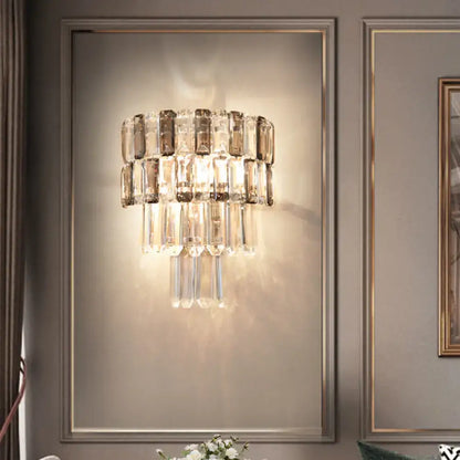 Modern tiered smoke gray crystal wall sconce for living room
