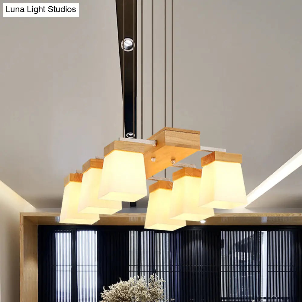 DecorBites™ Modern Trapezoid Island Lighting with White Frosted Glass - 6-Head Dining Room Suspension Lamp and Wood Shelf