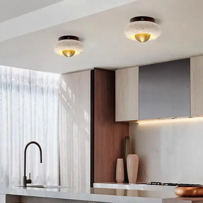 Modern travertine and walnut led ceiling lamp bedroom light