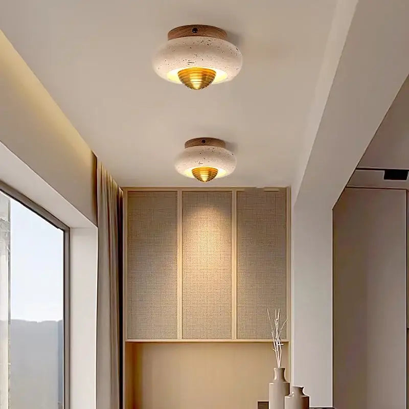 Modern travertine and walnut led ceiling lamp living room light