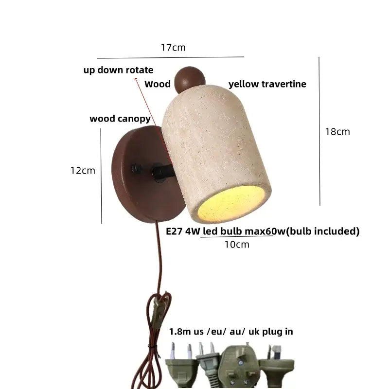 Modern travertine & wood wall light fixture bedroom pull chain switch