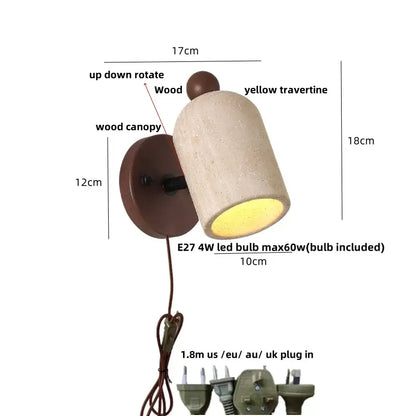 Modern travertine & wood wall light fixture bedroom pull chain switch