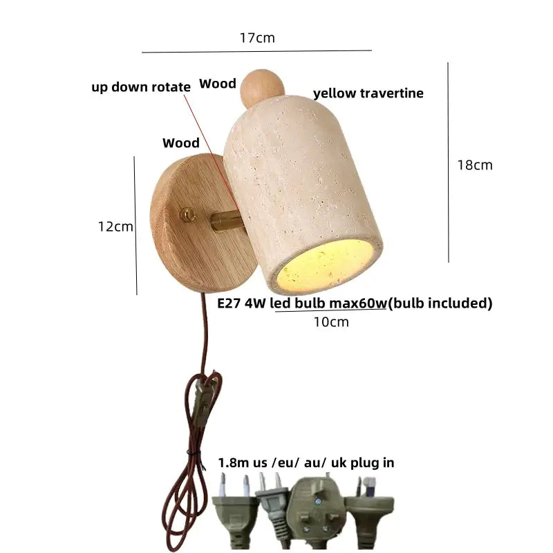 Modern travertine & wood wall light fixture bedroom pull chain switch