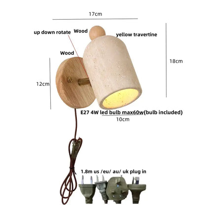 Modern travertine & wood wall light fixture bedroom pull chain switch