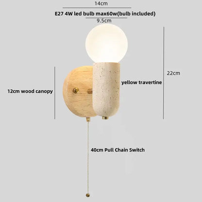 Modern travertine & wood wall light fixture bedroom pull chain switch