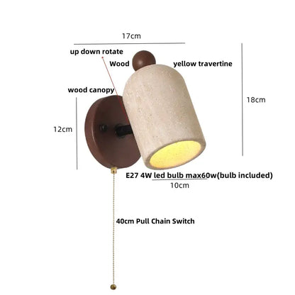 Modern travertine & wood wall light fixture bedroom pull chain switch