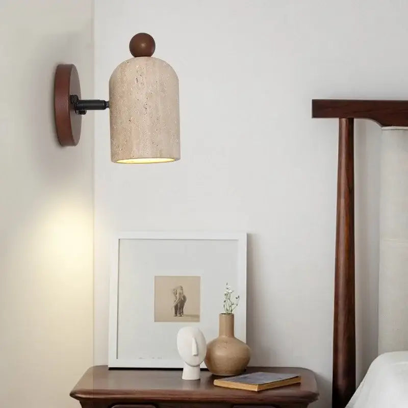 Modern travertine & wood wall light fixture bedroom pull chain switch