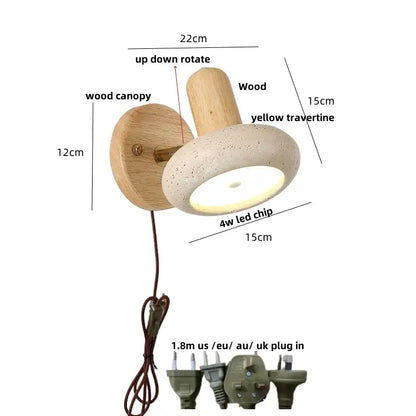 Modern travertine & wood wall light fixture bedroom pull chain switch