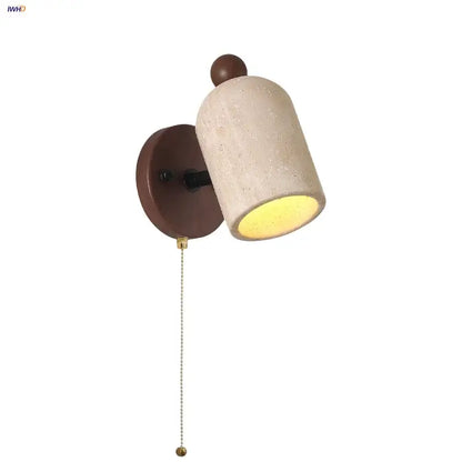 Modern travertine & wood wall light fixture bedroom pull chain switch