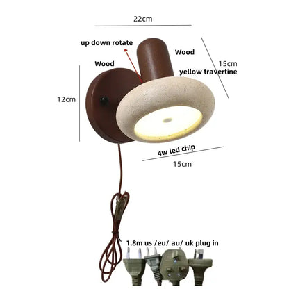 Modern travertine & wood wall light fixture bedroom pull chain switch