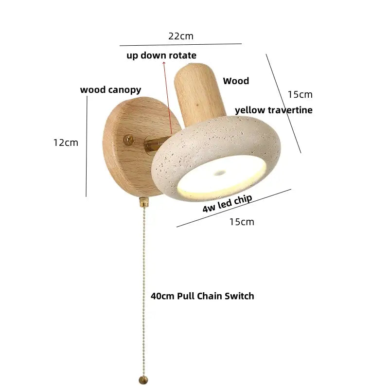 Modern travertine & wood wall light fixture bedroom pull chain switch