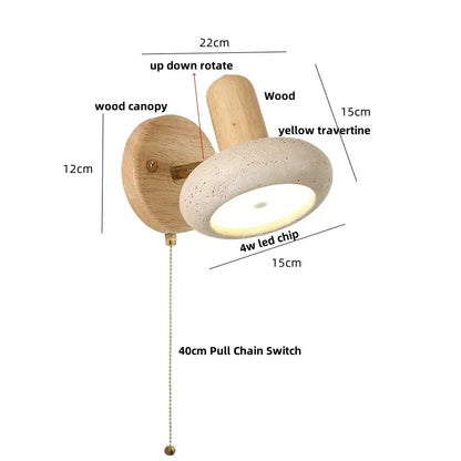 Modern travertine & wood wall light fixture bedroom pull chain switch