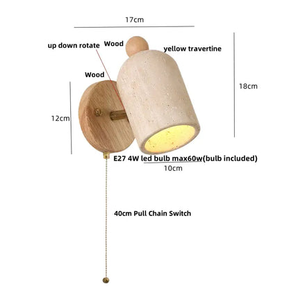 Modern travertine & wood wall light fixture bedroom pull chain switch