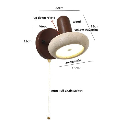 Modern travertine & wood wall light fixture bedroom pull chain switch