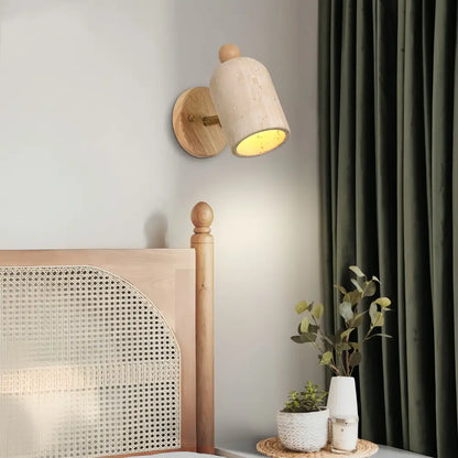 Modern travertine & wood wall light fixture bedroom pull chain switch