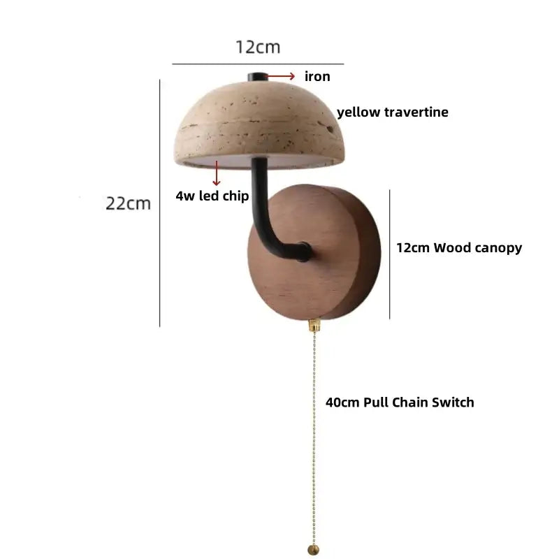 Modern travertine & wood wall light fixture bedroom pull chain switch