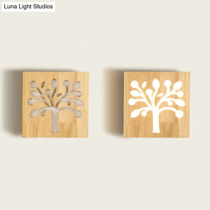 Modern tree silhouette wooden square flush mount corridor wall sconce