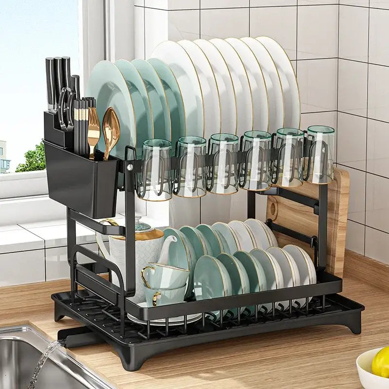 Modern two tier black metal dish drainer rack kitchen organizer