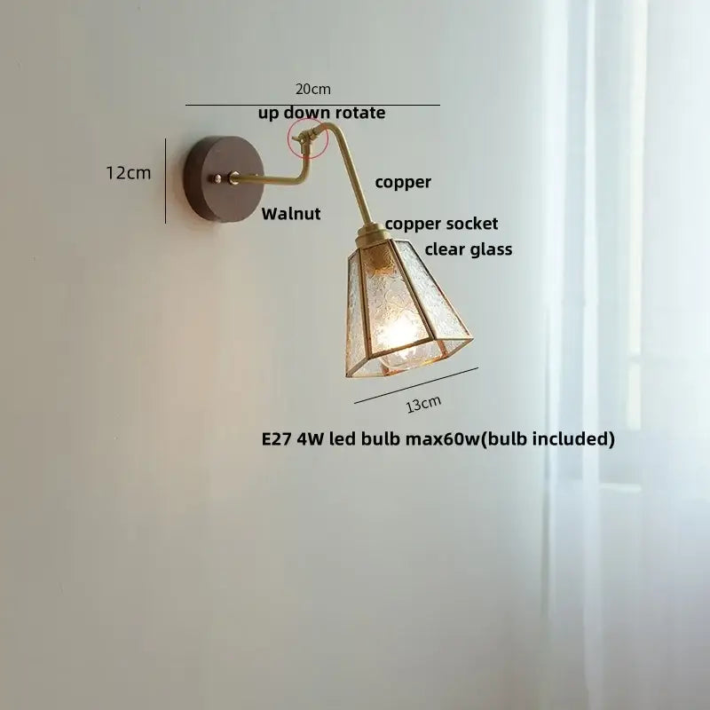 Modern walnut and brass clear glass led wall sconce stair light