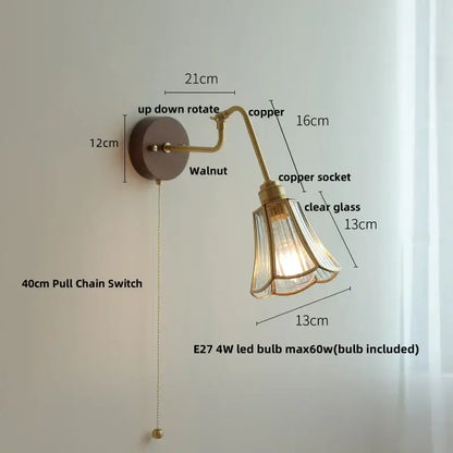 Modern walnut and brass clear glass led wall sconce stair light