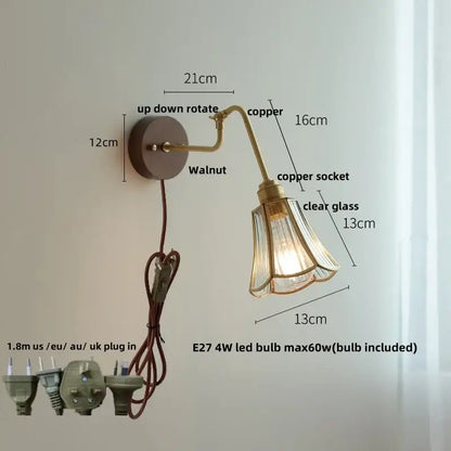 Modern walnut and brass clear glass led wall sconce stair light