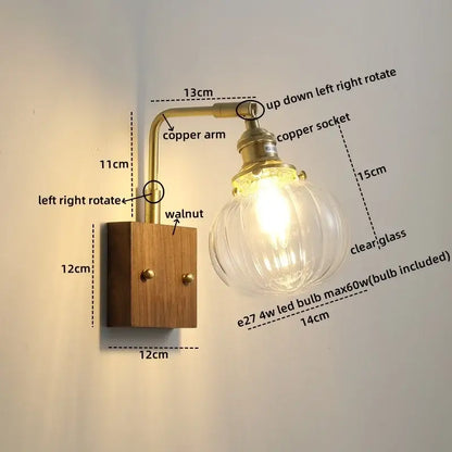 Modern walnut & copper clear glass wall sconce stair light