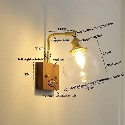Modern walnut & copper clear glass wall sconce stair light