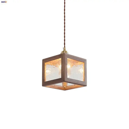 Modern walnut wood and clear glass cube pendant light dining room
