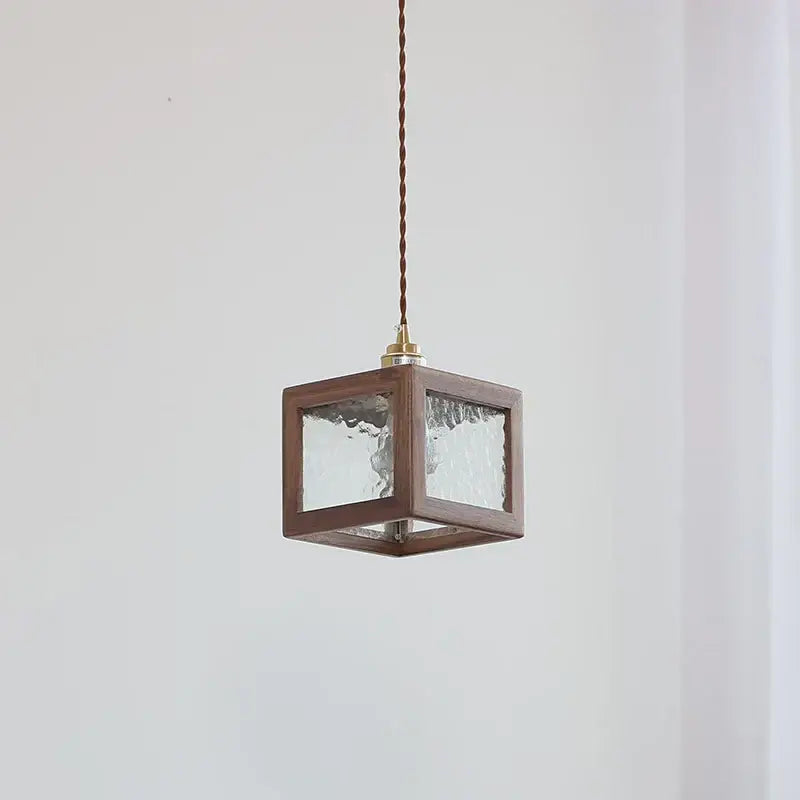 Modern walnut wood and clear glass cube pendant light dining room