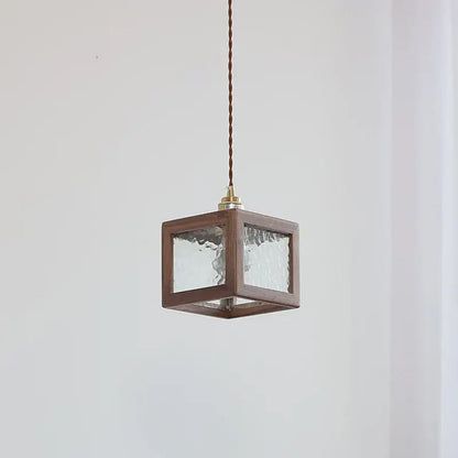 Modern walnut wood and clear glass cube pendant light dining room