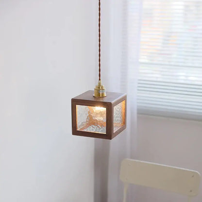 Modern walnut wood and clear glass cube pendant light dining room