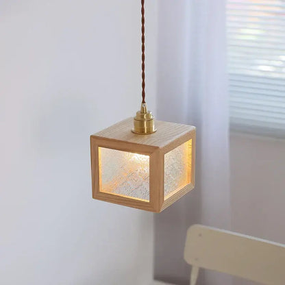 Modern walnut wood and clear glass cube pendant light dining room