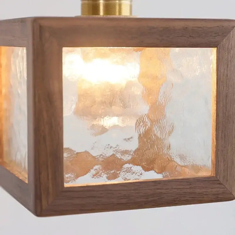 Modern walnut wood and clear glass cube pendant light dining room