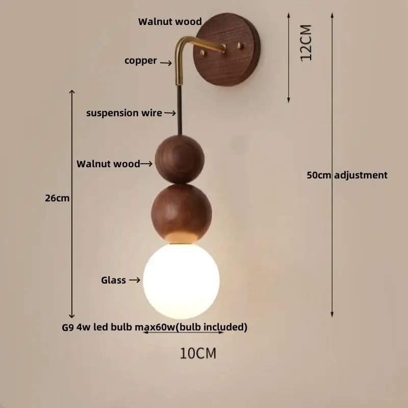 Modern walnut wood and white glass wall light living room sconce