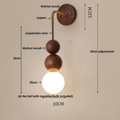 Modern walnut wood and white glass wall light living room sconce