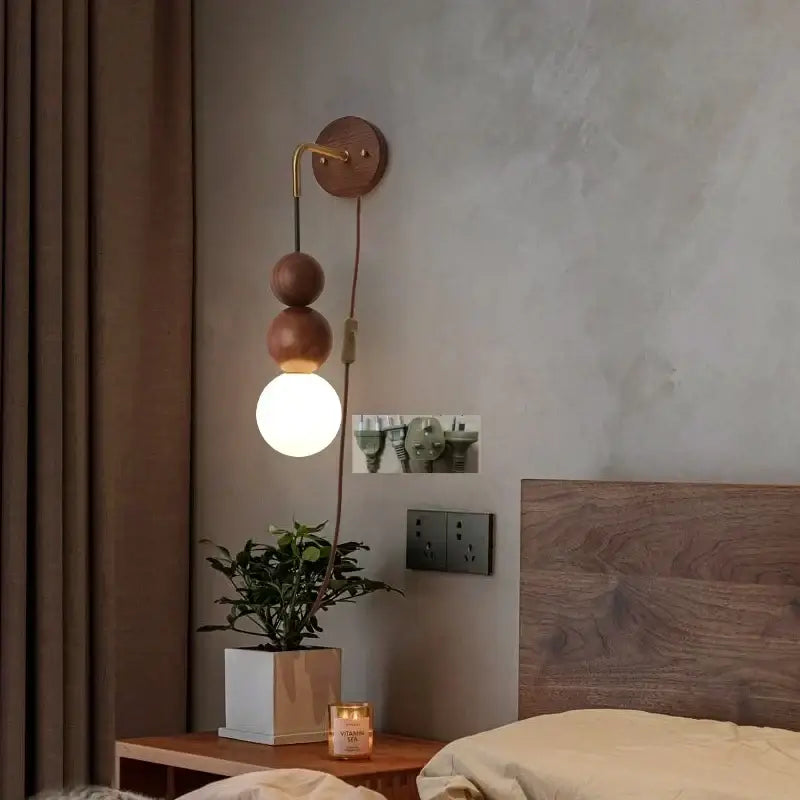 Modern walnut wood and white glass wall light living room sconce