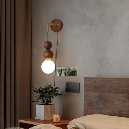 Modern walnut wood and white glass wall light living room sconce
