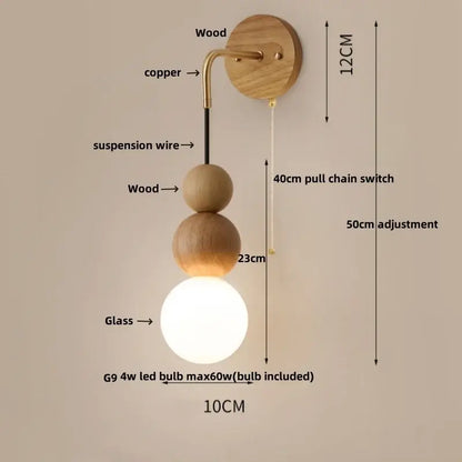 Modern walnut wood and white glass wall light living room sconce