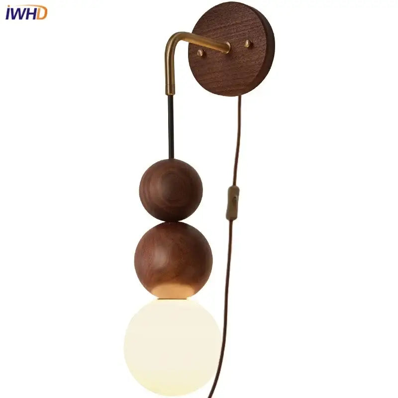 Modern walnut wood and white glass wall light living room sconce