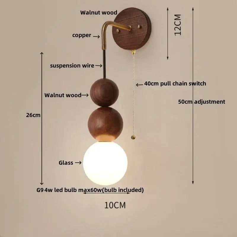 Modern walnut wood and white glass wall light living room sconce