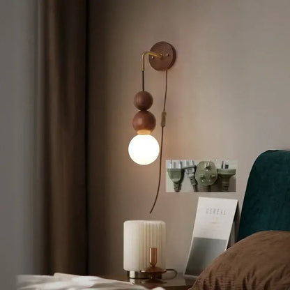 Modern walnut wood and white glass wall light living room sconce