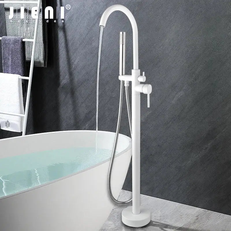 Modern white and chrome bathtub faucet set – bathroom floor mount